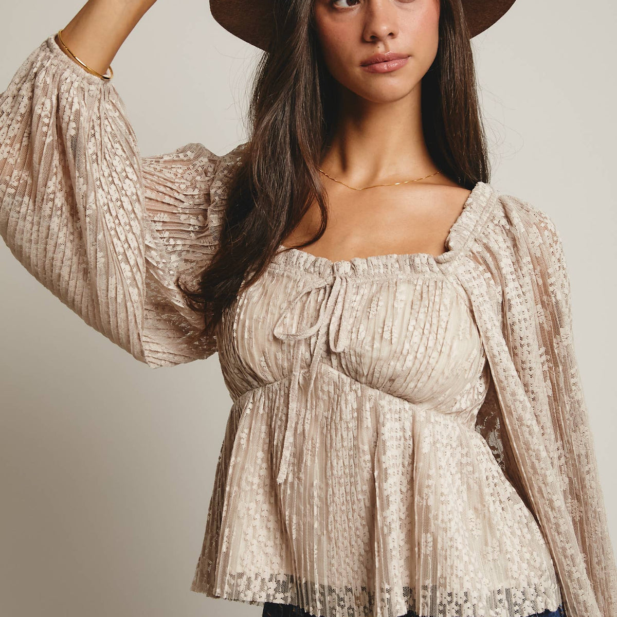 Zoey Pleated Lace Peplum Blouse
