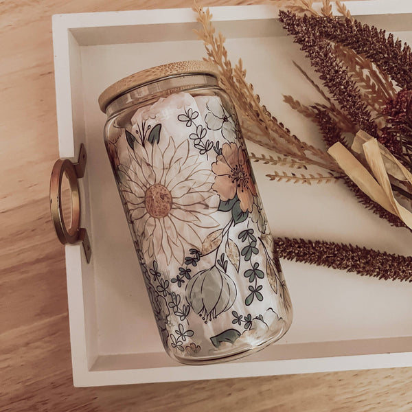 Fall Floral 16 oz Glass Cup with Bamboo Lid