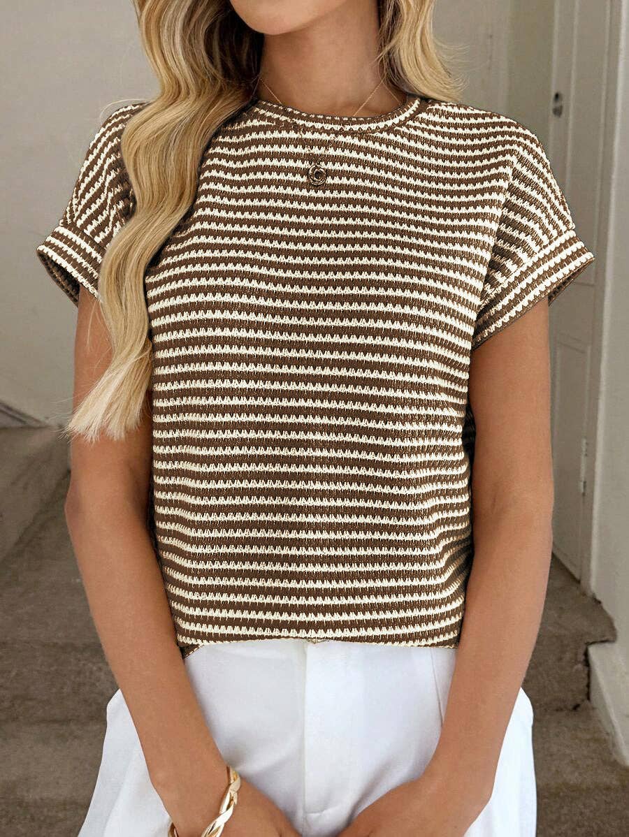 Striped Knit Short Sleeve Pullover Sweater Top