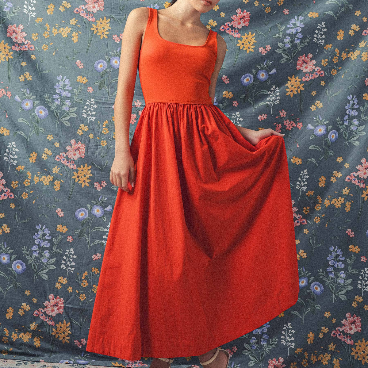 Elegant Square Neck Cotton Blend Gathered Waist Midi Dress