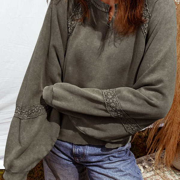 Lace Patchwork Detail Notched Neck Mineral Wash Sweatshirt