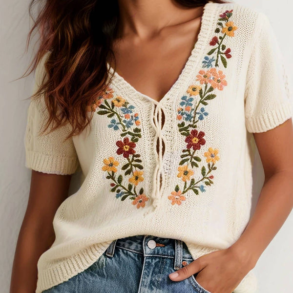 Knitted Bohemia Flower Embroidered Top