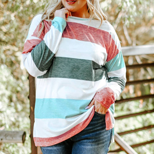 Striped Color Block Long Sleeve-Curvy