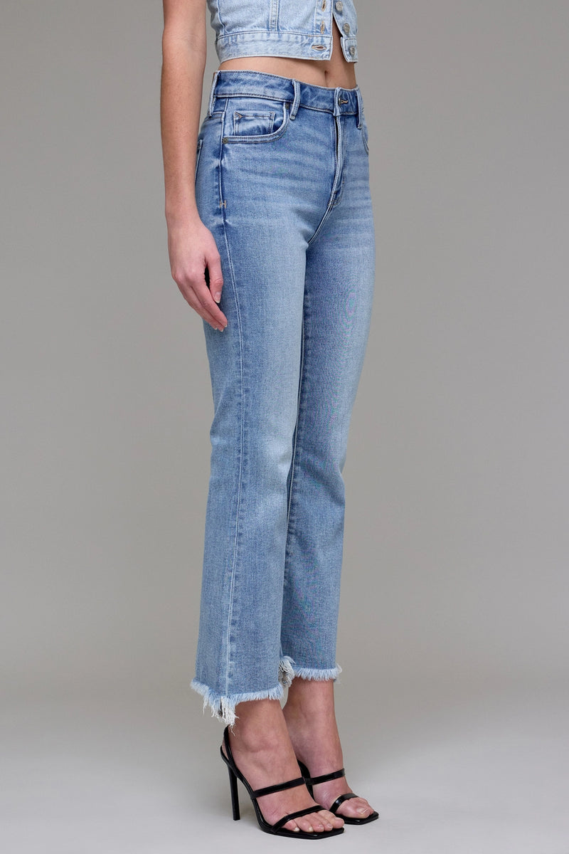 Medium Wash Clean Frayed Hem Stretch Crop Flare- Hidden