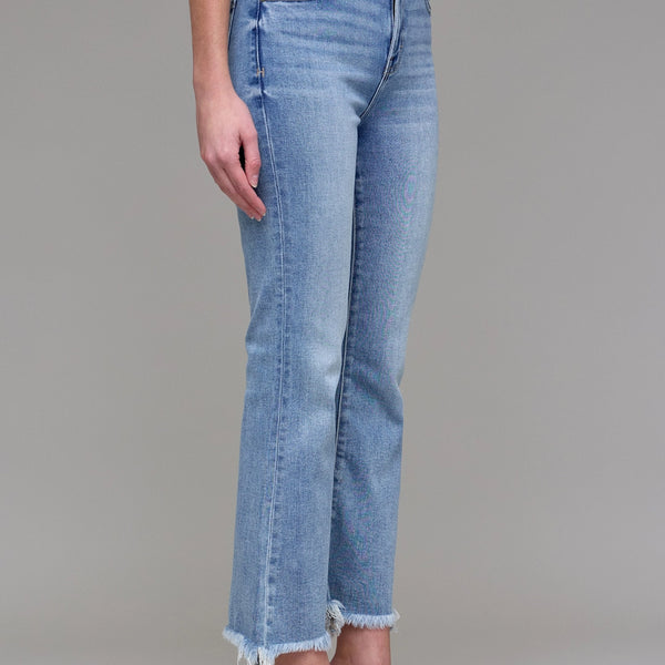 Medium Wash Clean Frayed Hem Stretch Crop Flare- Hidden