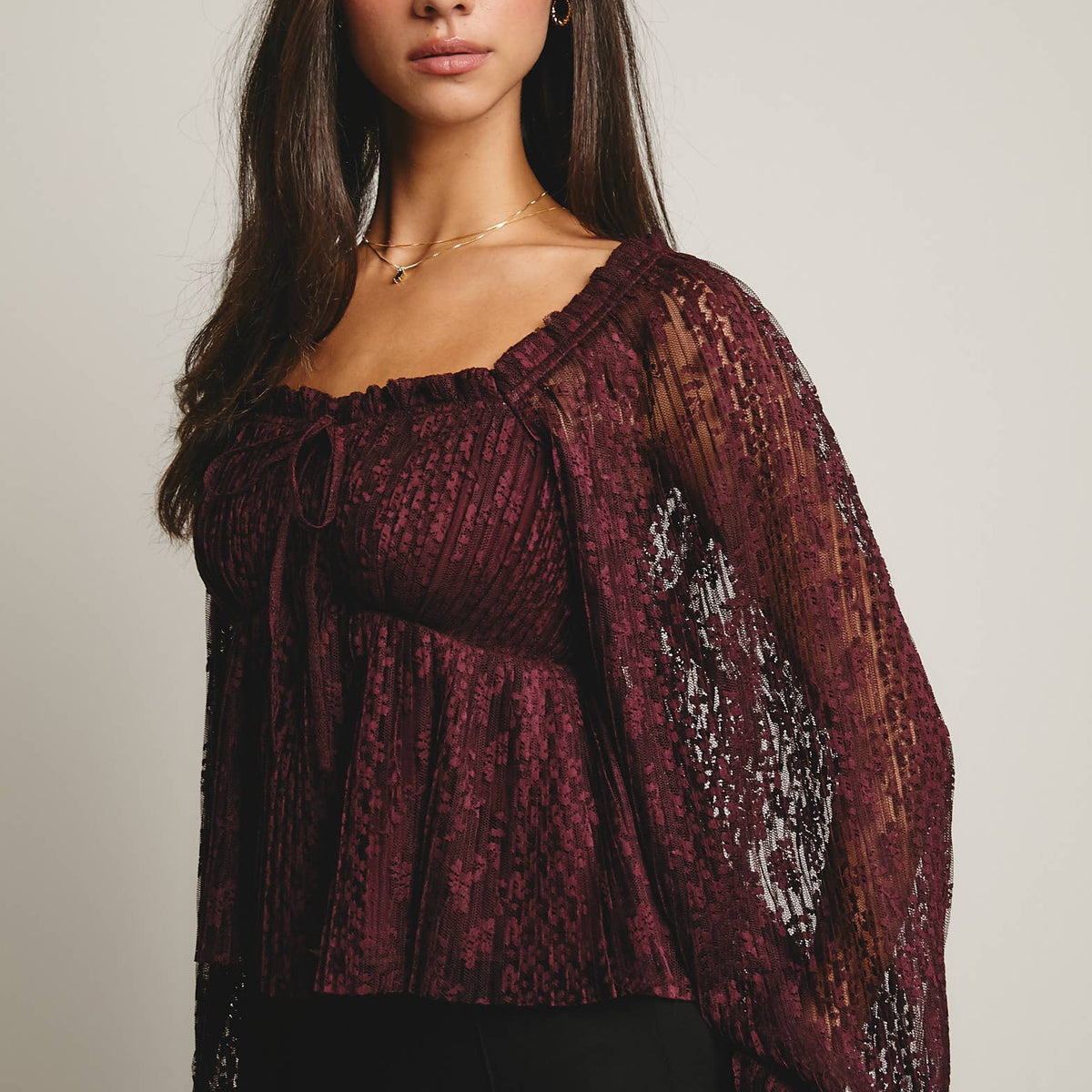 Zoey Pleated Lace Peplum Blouse