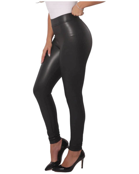 Black fleece lined faux leather legging; womens apparel.