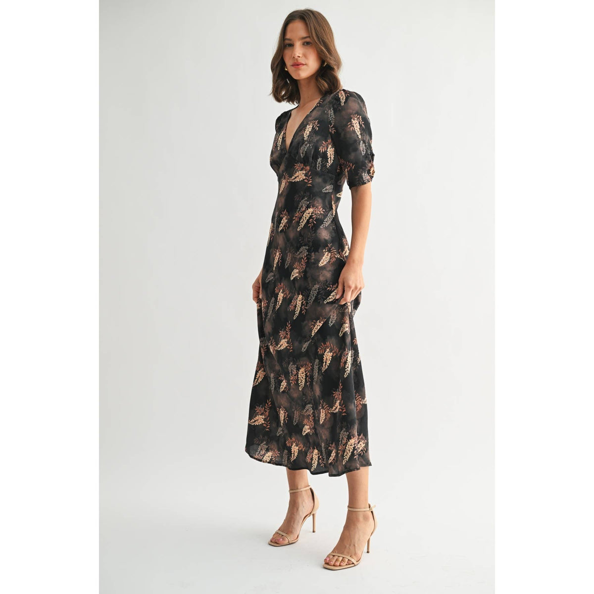 Leaf Print Satin Dress