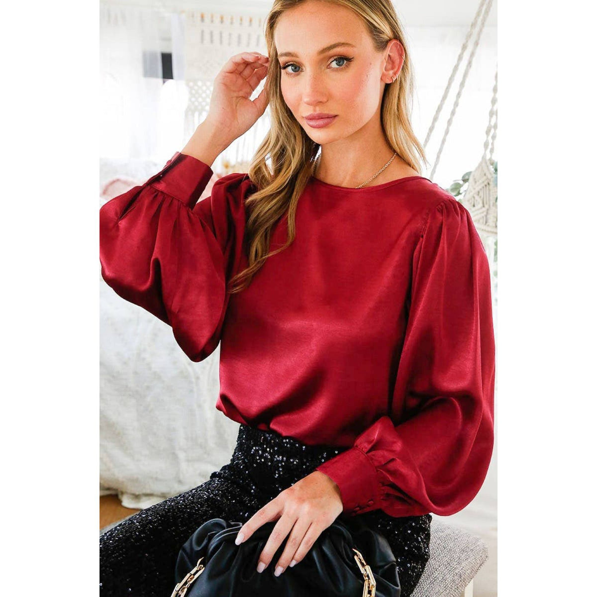 Satin blouse long sleeve top in mutiple colors - womens clothing 