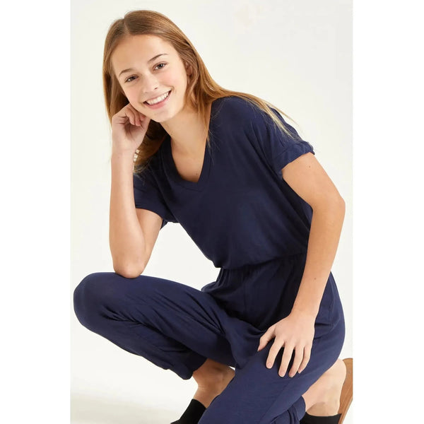 Short sleeved navy blue jumpsuit - Girls Clothing