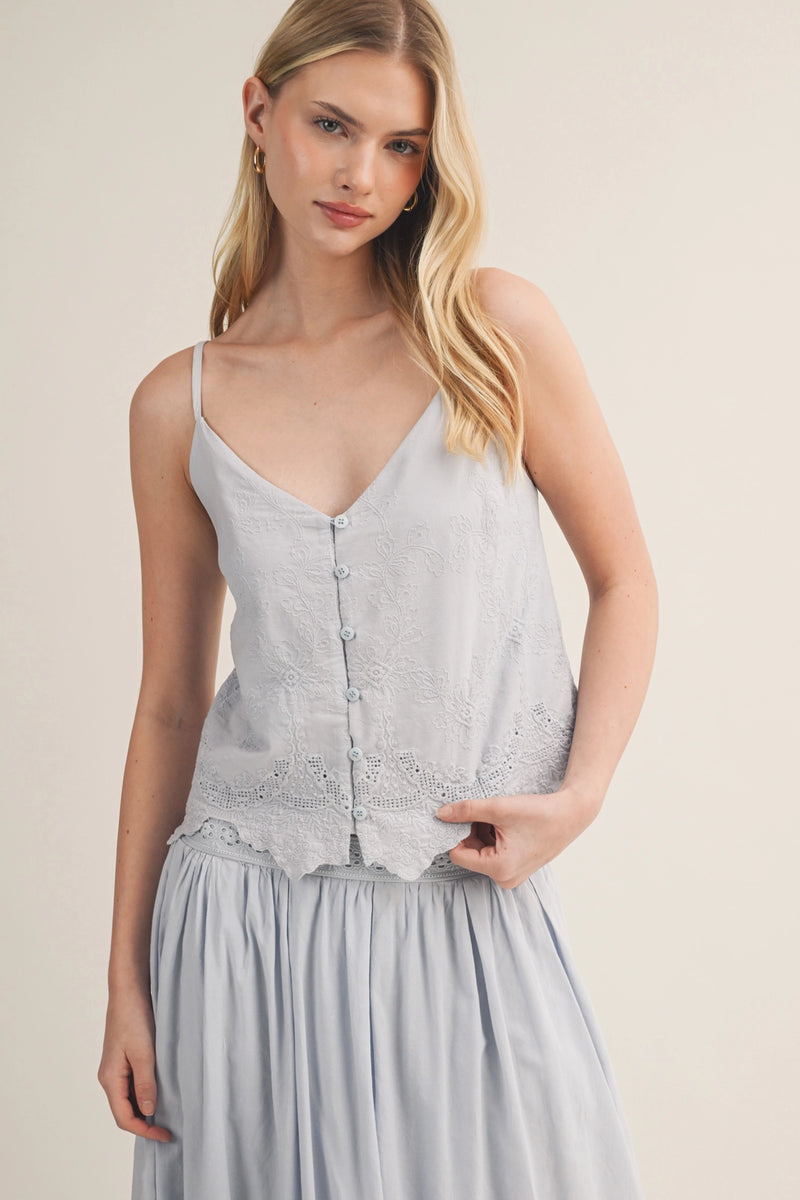 V-Neck Eyelet Embroidered Button Camisole