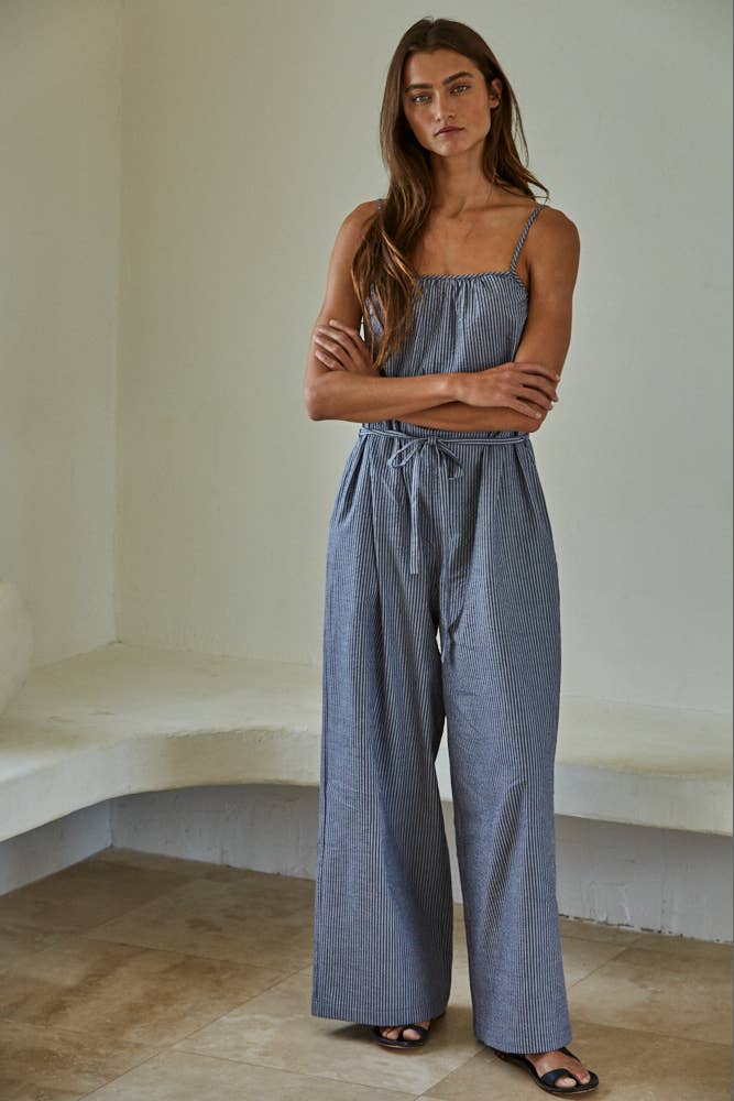 Woven Cotton Striped Square Neck Wide Leg Jumpsuit