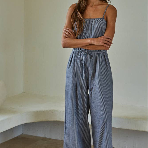 Woven Cotton Striped Square Neck Wide Leg Jumpsuit