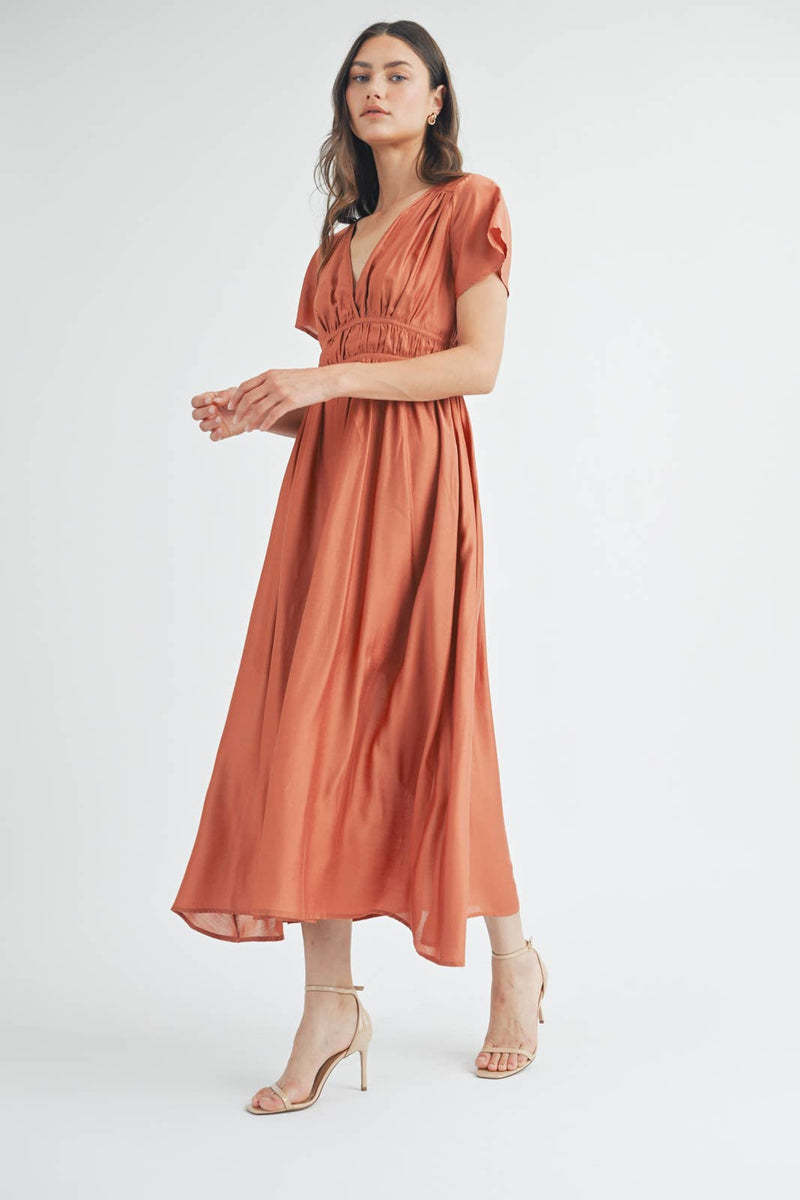 Satin Flutter Sleeve Midi Dress