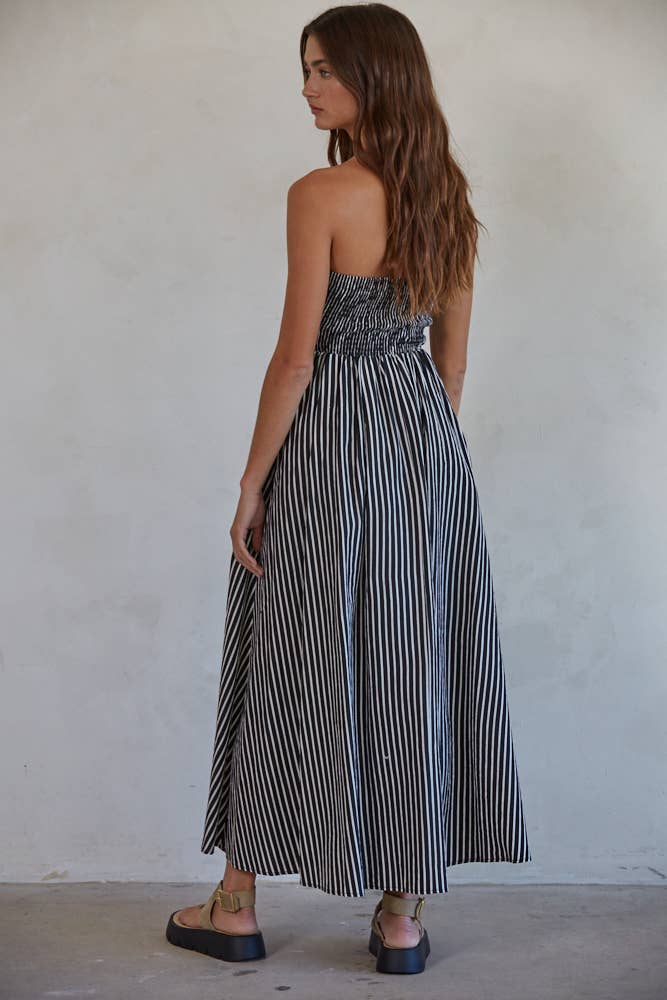 Striped Tube Neck Strapless Flare Maxi Dress