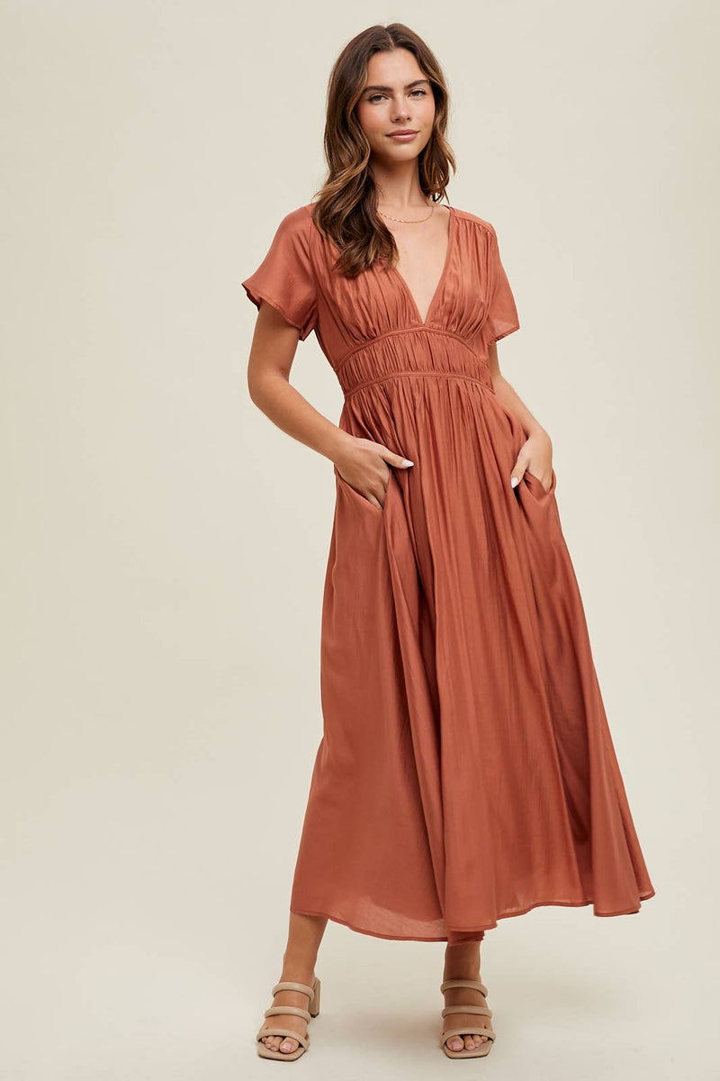 Satin Flutter Sleeve Midi Dress