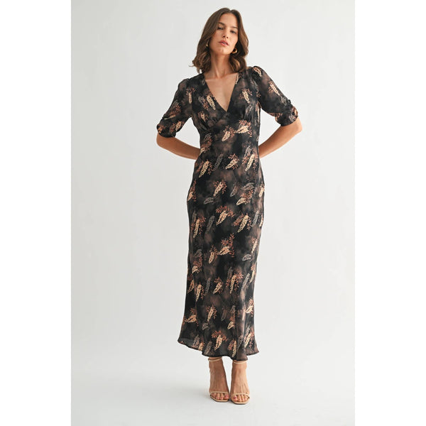 Leaf Print Satin Dress
