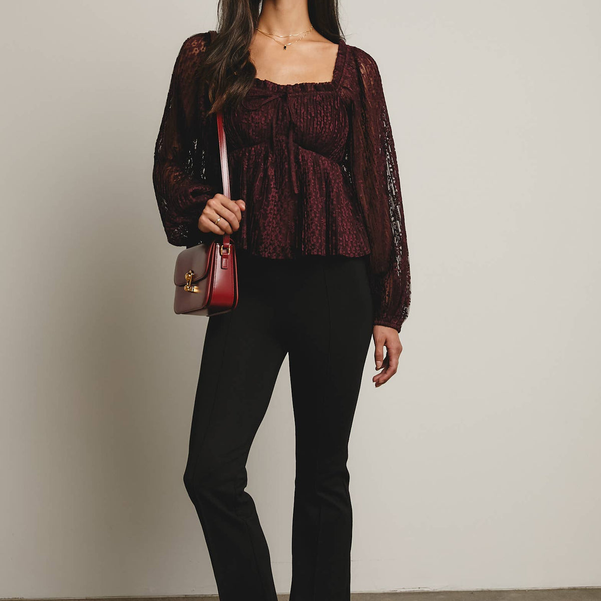 Zoey Pleated Lace Peplum Blouse