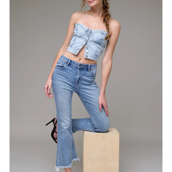 Medium Wash Clean Frayed Hem Stretch Crop Flare- Hidden
