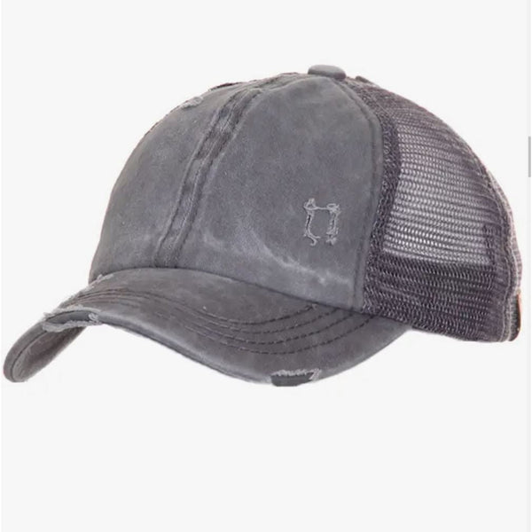 Distressed grey womens bun cap; outfit accessory.