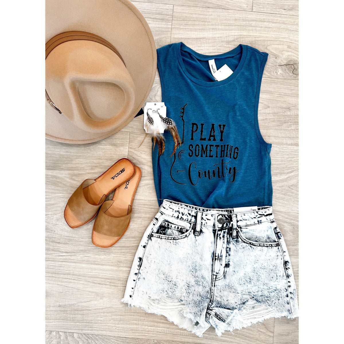 "Play Something Country" womens blue tank top 