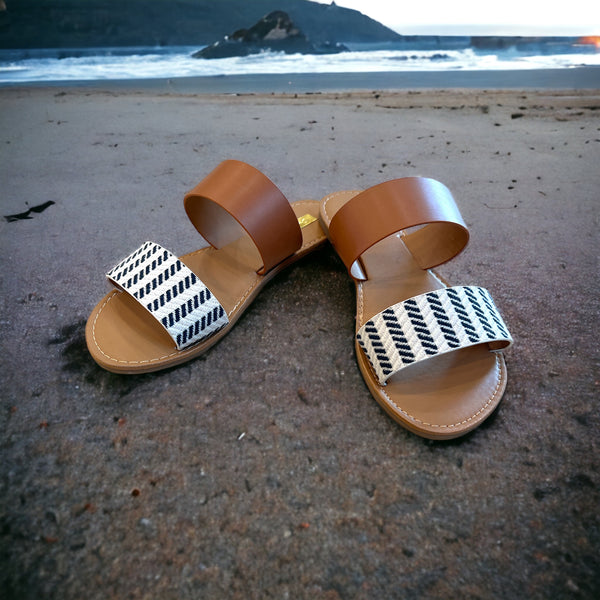 Black, white, and tan Slide Sandals - womens shoes