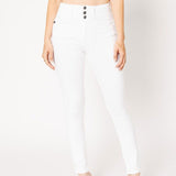 White high rise button-up jeans; womens clothing.