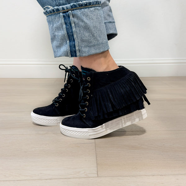 Nick Fringe Sneaker Wedge in Black