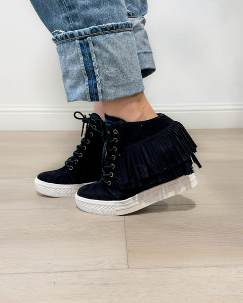 Nick Fringe Sneaker Wedge in Black