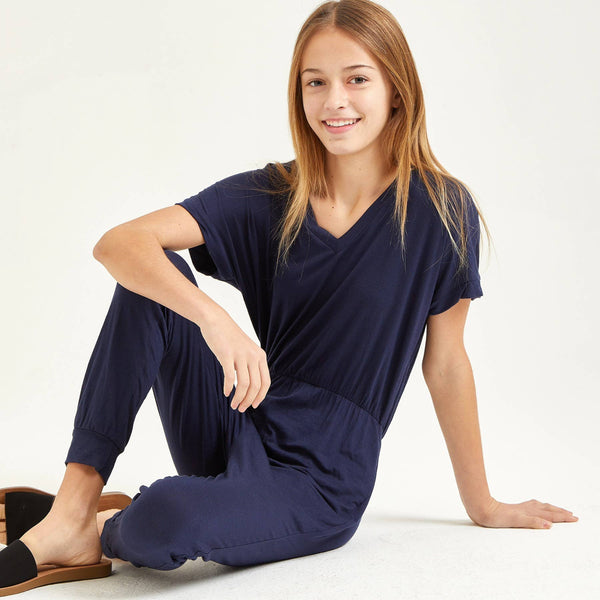Short sleeved navy blue jumpsuit - Girls Clothing