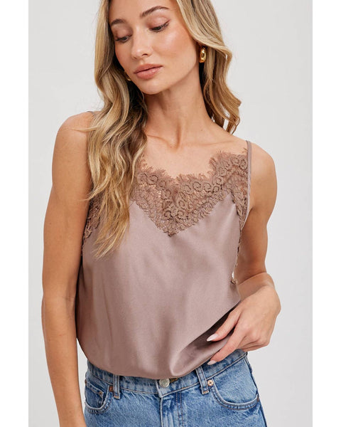 Silky lace trim spaghetti strap cami - women's clothing