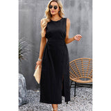 Long sleeveless black midi dress with slit - women's clothing