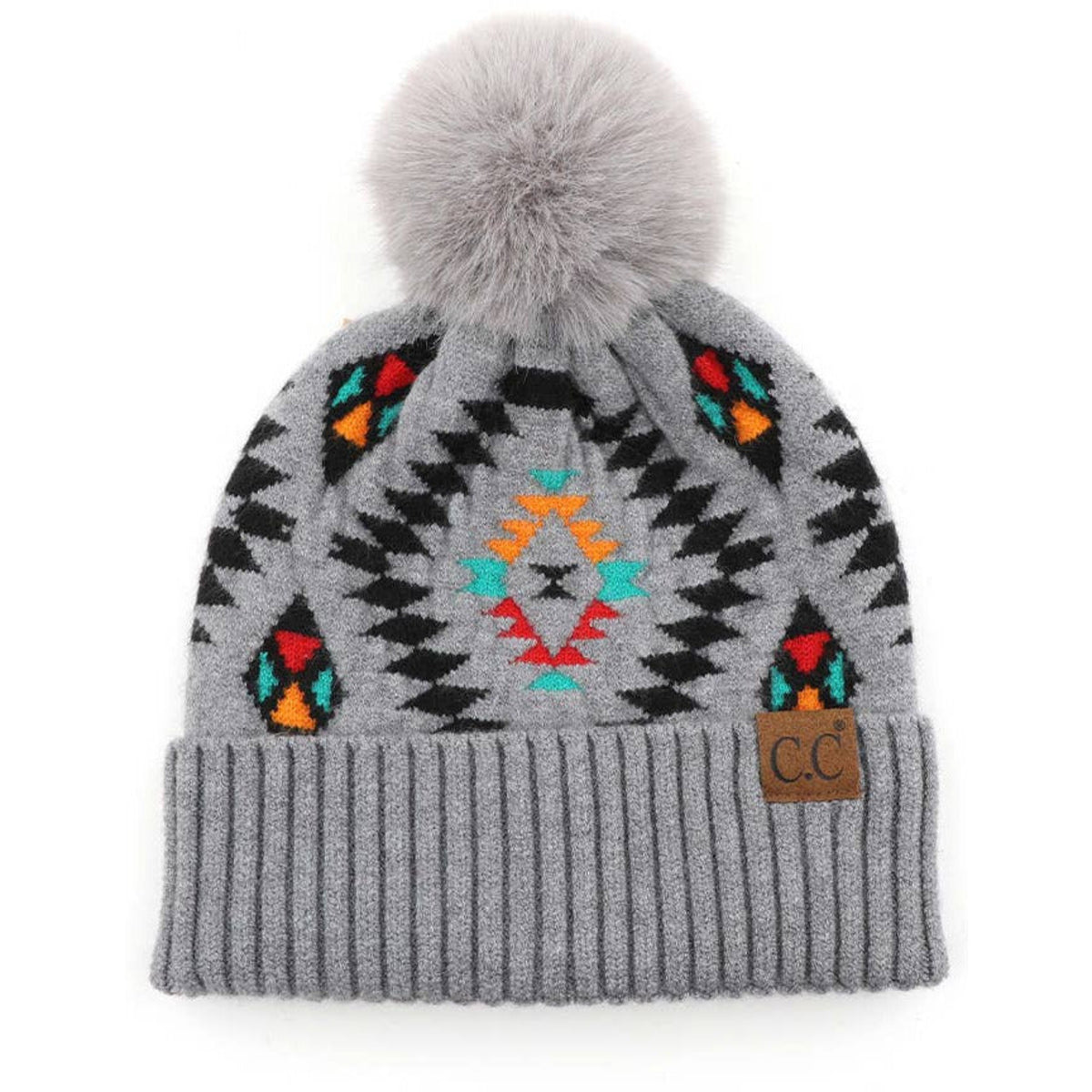 C.C Soft Aztec Pattern Beanie with Faux Fur Pom - SLATE Boutique & Gifts