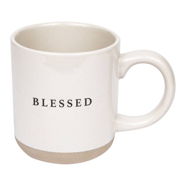 "Blessed" white coffee mug with tan bottom; perfect gift for coffee or tea lovers. 