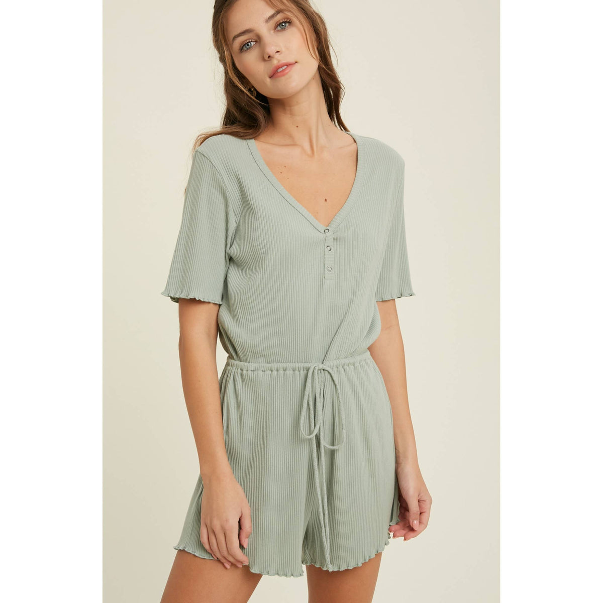 Ribbed Knit Romper with Tie