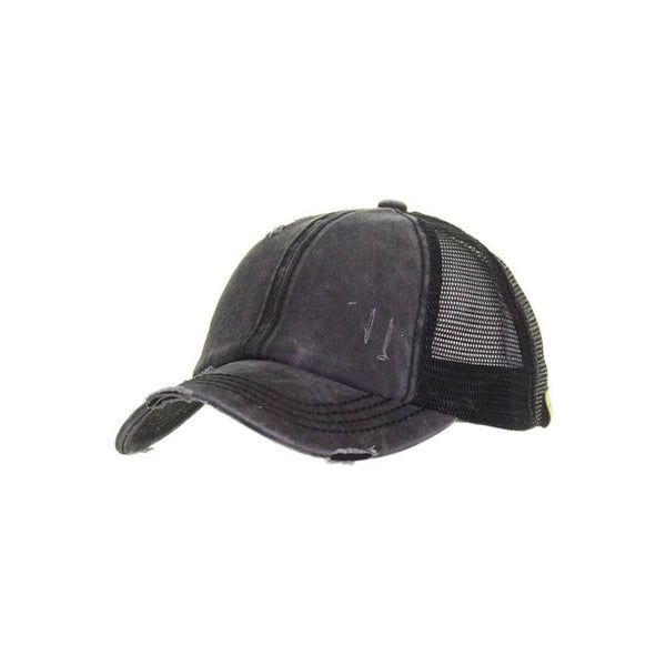 Distressed black womens bun cap; outfit accessory.