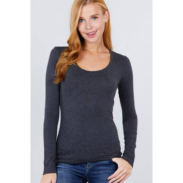 Black scoop neck tight fitting long sleeve shirt; womens clothing.