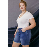 High rise button-down blue jean skinny shorts; womens clothing.