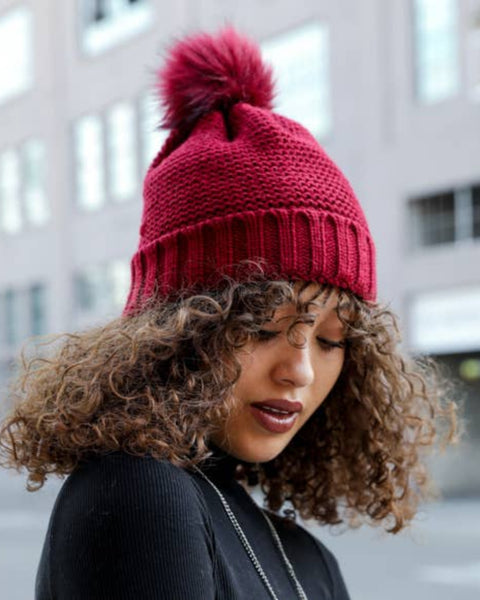 Sherpa Lined Pom Beanie Hat - womens accessories
