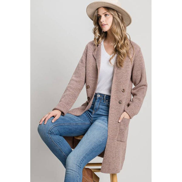 Long knit coat with pockets and buttons; womens clothing
