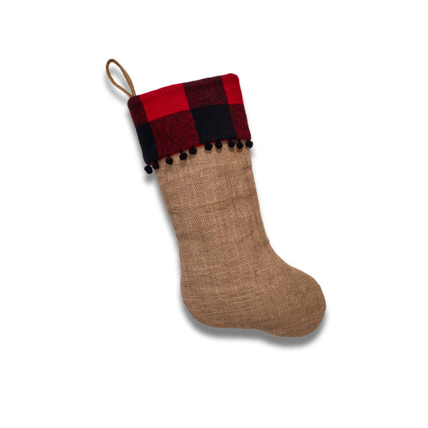 Jute Christmas Stocking With Cabin Blanket Cuff & Pom-poms - SLATE Boutique & Gifts