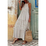 Long grey striped spagehtti strap vacation dress; womens apparel