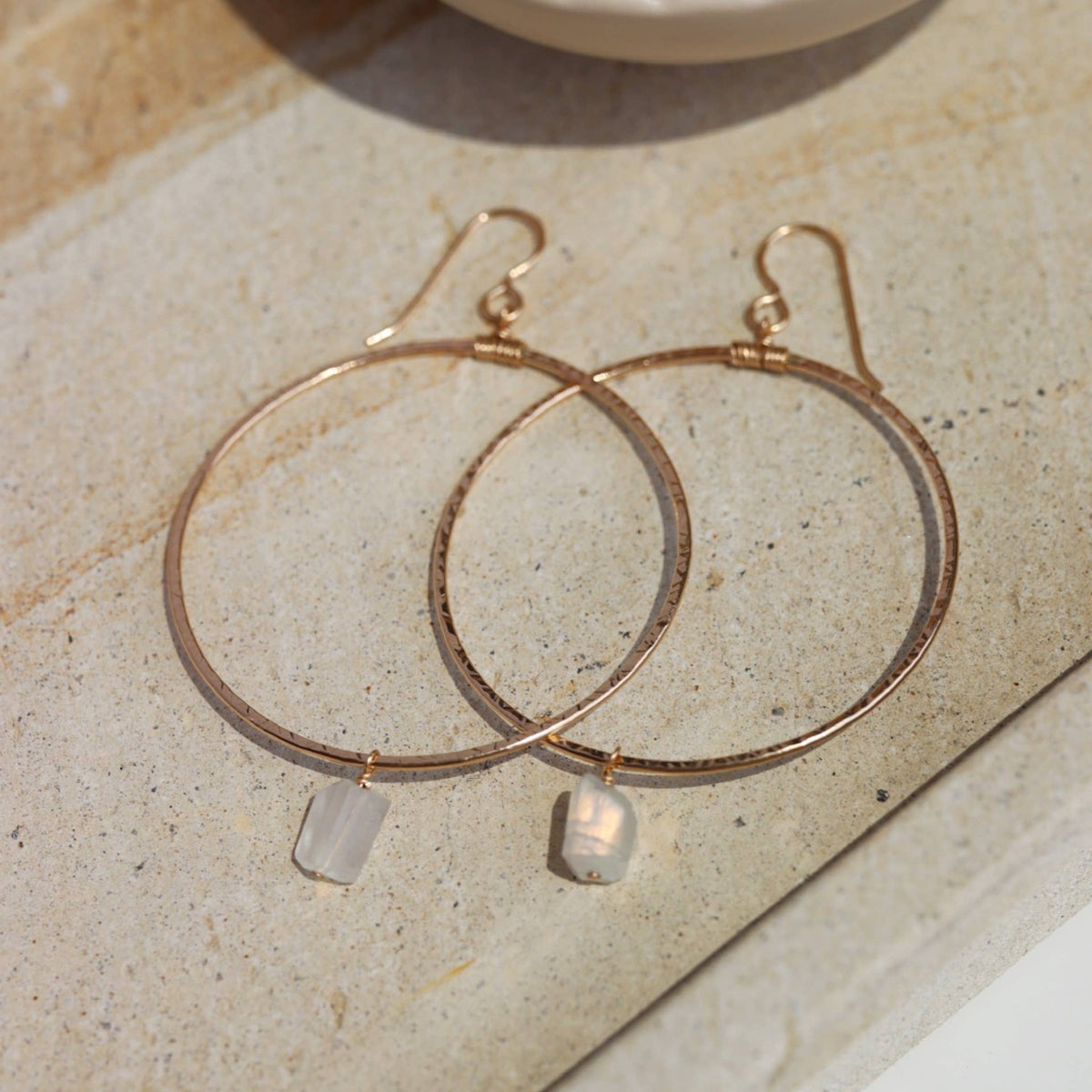Gold-plated Textured Hoops with Moonstone Earrings - Accessories 