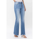 Long high rise denium flare jeans; womens clothing