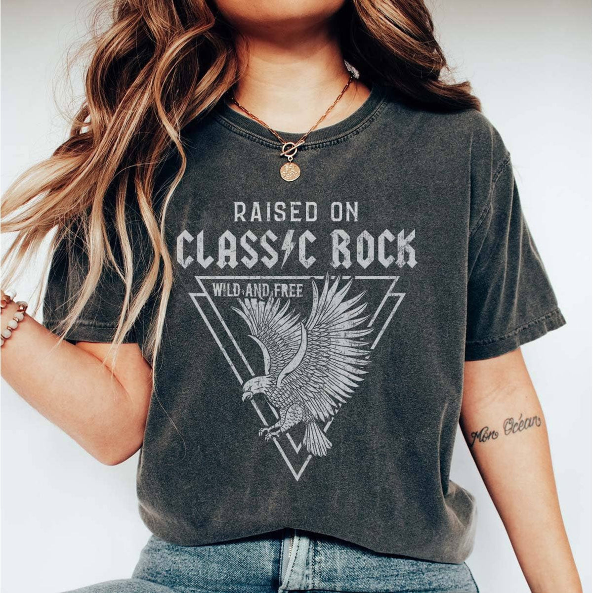 Grey "Raised on Classic Rock" t-shirt - womens graphic tees 