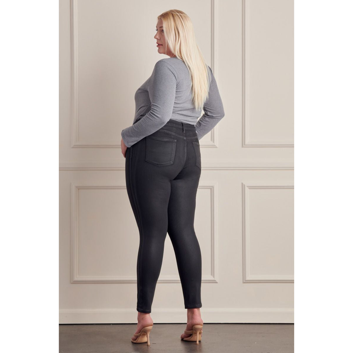 Plus Mid Rise Coated Super Skinny Jeans- Black - SLATE Boutique & Gifts