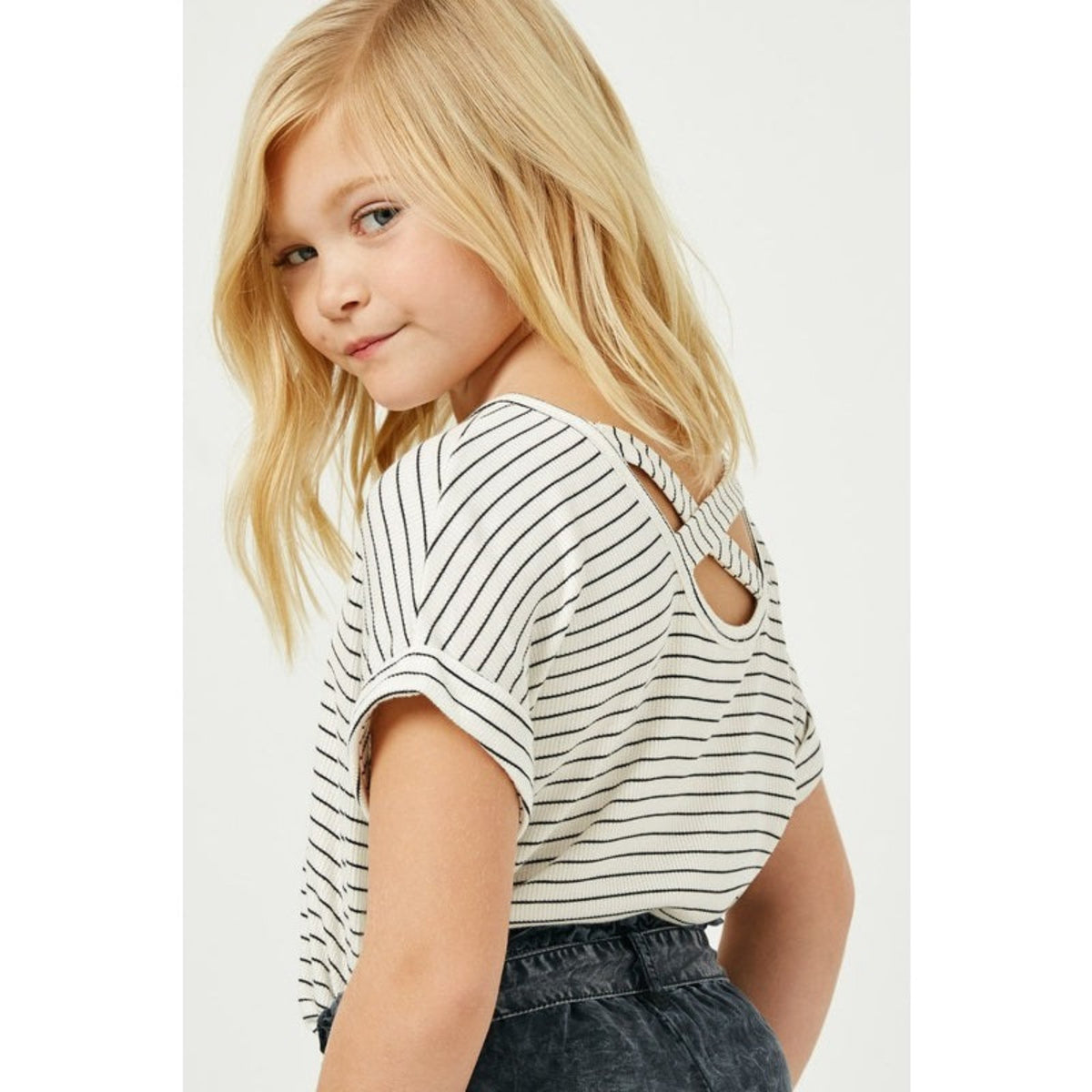Girls Ribbed Stripe Crossback Knit Tee - SLATE Boutique & Gifts